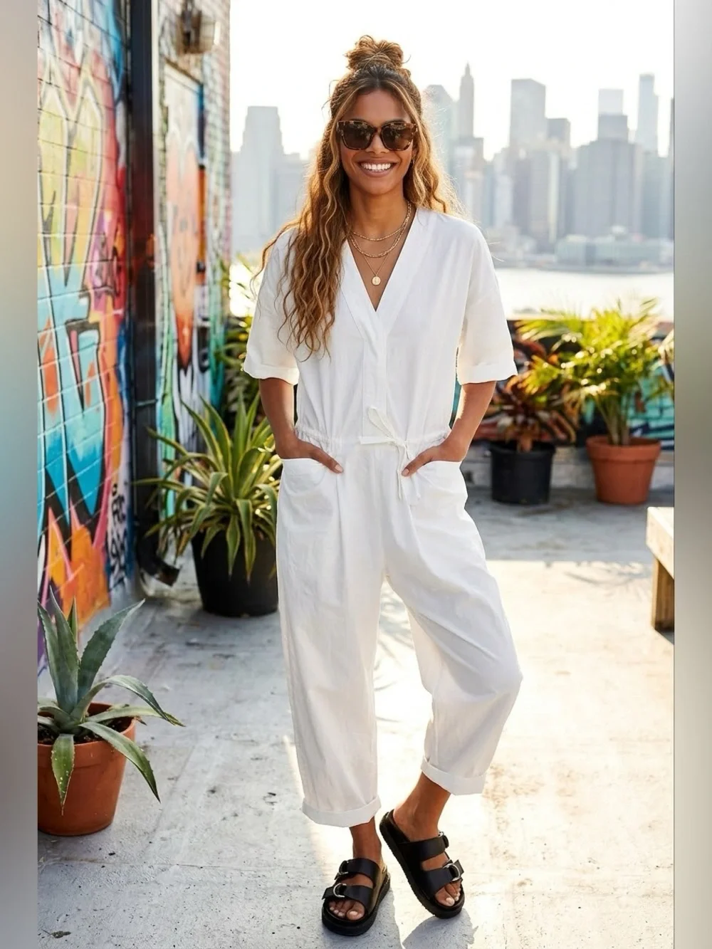 Free People White Cotton V-Neck Short Sleeve Belted Jumpsuit Romper Womens S